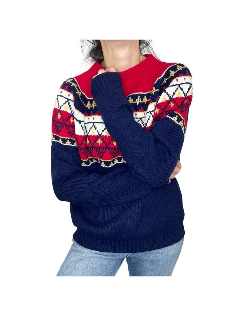Vintage 80s 90s red white blue fair isle knit ski sweater M